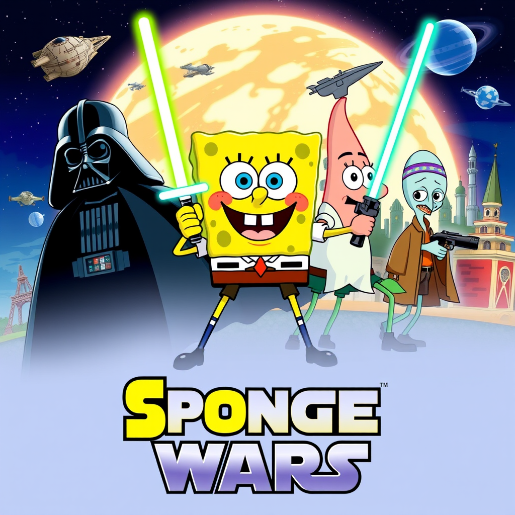 Create a parody of the Star Wars poster with SpongeBob as Luke Skywalker, holding a glowing spatula like a lightsaber. Patrick Star takes the role of Han Solo, holding a blaster, while Squidward is Obi-Wan Kenobi, draped in robes. In the background, Plankton appears as Darth Vader, with Bikini Bottom’s landmarks reimagined as spaceships and planets. The iconic Star Wars logo is swapped for "Sponge Wars," creating a playful, sci-fi adventure scene.