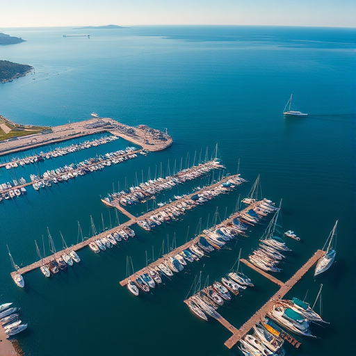 aerial view of a marina with numerous sailboats on calm blue water during daytime, using a DSLR camera with a 24mm lens, f/8 aperture, ISO 100, 1/500s shutter speed, high resolution, natural lighting