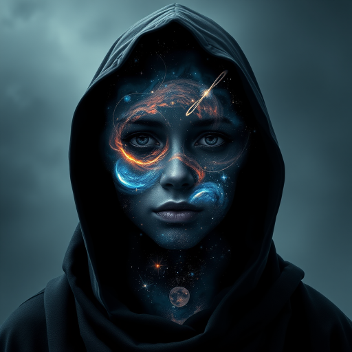 A mysterious hooded figure stands silently, the dark cloak flowing around them like shadows. Beneath the hood, their face is a mesmerizing cosmic scene where swirling galaxies, radiant stars, and vibrant planets form the features. Nebulas drift where eyes should be, glowing softly, while delicate streaks of cosmic energy trace the outlines of a nose and lips. Comets streak across the vastness of their face, and faint constellations pulse with life. The entire visage shifts and evolves as if the universe itself is contained within the figure, giving an ethereal, otherworldly presence to their form.