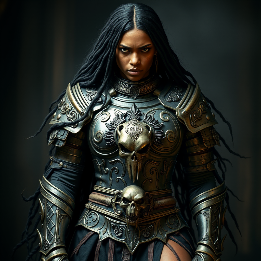Create a photo of a fierce Yoruba female warrior with long black hair, wearing an ornate, metallic armor. The armor includes a breastplate with intricate designs, shoulder guards, and gauntlets. The breastplate is decorated with a central emblem, possibly representing a mythical symbol, and has a sculpted, form-fitting design. She wears a belt with a large skull ornament at the center, and her armor extends into a partial skirt, revealing one leg. The overall look is both protective and stylish, with a dark, gothic aesthetic. The background is dimly lit, suggesting a medieval or fantasy setting, enhancing the warrior's imposing presence and intense expression.