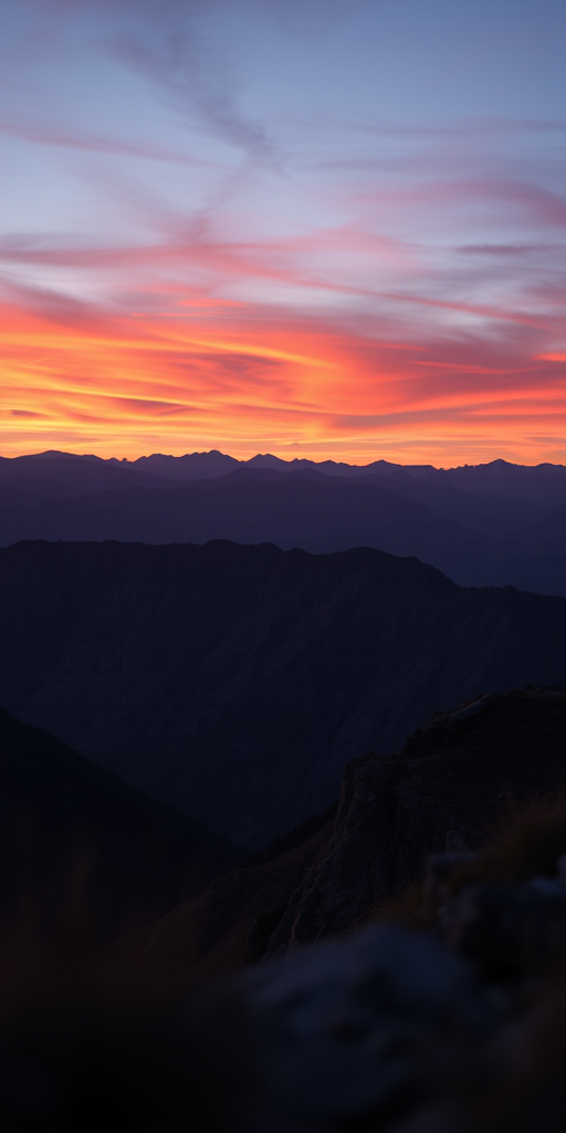 Create a high-resolution image of a sunset over a mountain range with vibrant colors in the sky, using a DSLR camera with a 35mm lens, aperture set to f/8, ISO 100, at a focal length of 24mm, shot from a low angle to capture foreground elements.