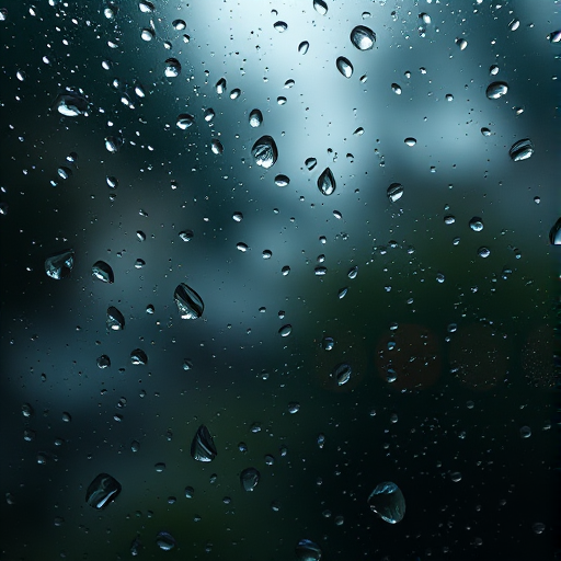 A close-up shot of raindrops on a window with a blurry soft-focus background, using a DSLR camera, aperture f/2.8, shutter speed 1/60s, ISO 200, captured from a straight-on angle for enhanced clarity and detail.