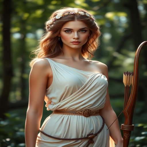 Create a portrait of a goddess-like female figure in a tranquil, forested environment. She has an elegant appearance with long, wavy hair styled in an updo and adorned with a delicate, floral headband. She wears a flowing, ancient Greek-inspired gown in a soft, pale color, featuring a one-shoulder design and draped fabric that accentuates her graceful form. The outfit includes a decorative belt with ornate gold detailing, and she holds a bow in her hand, with a quiver of arrows slung over her shoulder. The background depicts lush greenery, with sunlight filtering through the trees, casting a gentle, ethereal light on the scene. Her expression is calm and contemplative, embodying a sense of wisdom and serenity.