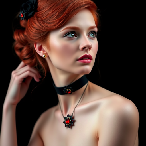 A young woman with bright red hair styled in a voluminous updo adorned with black floral accents, wearing a black choker with a large red gemstone pendant, looks off to the side with a slightly pensive expression, her face softly lit against a dark background.  The image is composed as a portrait, shot from a close-up perspective, with the subject filling most of the frame.  The woman's skin appears fair and flawless, with a subtle glow.  The overall atmosphere is elegant and slightly dramatic.