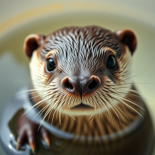 Close-up of a wet otter in a water bowl, soft natural lighting, f/2.8 aperture, 1/200 sec shutter speed, ISO 200, 50mm lens, DSLR camera, shallow depth of field for a creamy background effect.