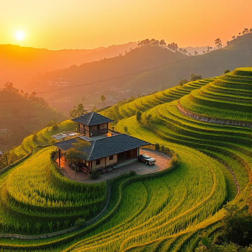 capture a vibrant landscape of terraced rice fields with a rustic house nestled among the greenery at golden hour, using a Canon EOS R5 with an aperture of f/8, ISO 100, 50mm lens, shot from a high vantage point to enhance depth and detail