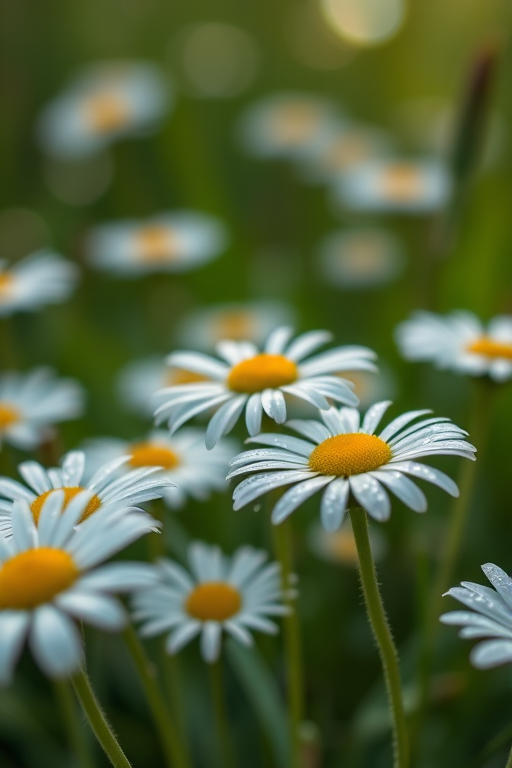 Macro shot of dew-covered daisies in a lush green background, using a DSLR camera with a 100mm f/2.8 macro lens, aperture set to f/4, ISO 100, shutter speed 1/200s, natural light, shallow depth of field for a soft bokeh effect.