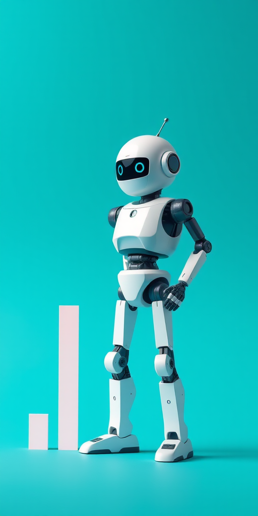 create a minimalistic illustration of a robot standing next to a bar graph with an upward trend on a turquoise background shot with a DSLR camera at f/5.6, 50mm lens, ISO 100, and a soft-focus effect for enhanced quality