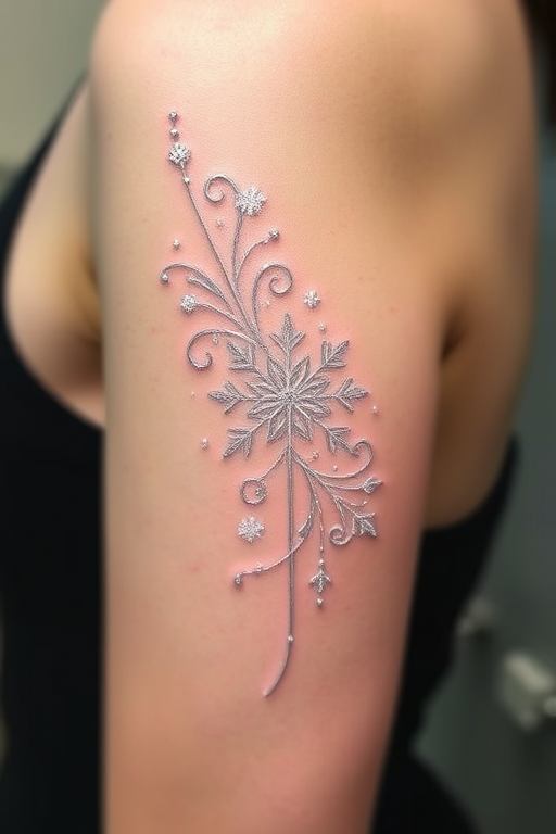Delicate white ink tattoo named "Whispers of Frost" featuring intricate snowflake patterns and swirling winter motifs, creating a subtle and elegant design that appears to shimmer on the skin