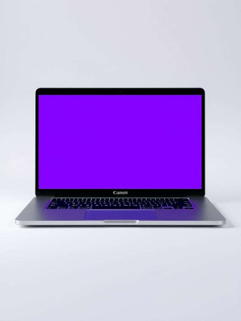 Create a high-resolution image of a sleek silver laptop with a blank purple screen, using a Canon EOS 5D Mark IV, 50mm f/1.8 lens, aperture f/2.8, ISO 100, with soft diffused lighting from the front, shooting at eye level in a minimalistic style.
