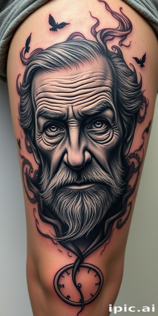 Realistic grayscale portrait tattoo on the thigh, depicting a wise elderly face with deep wrinkles and piercing eyes, surrounded by wisps of smoke and floating clock gears