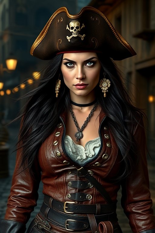 Create a portrait of a fierce female pirate. She wears a leather tricorn hat adorned with a skull and crossbones emblem, and her long, dark hair flows around her face. Her outfit consists of a richly detailed leather jacket, a corset, and multiple layers of belts and accessories, giving her a formidable and stylish appearance. She stands confidently in a dimly lit, historic port town, with a backdrop of weathered buildings and cobblestone streets, capturing the adventurous spirit of a pirate.