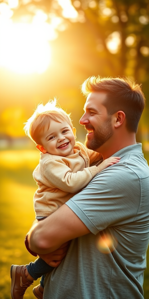 Generate a warm, heartwarming scene of a father holding his smiling son in a sunlit park, capturing the joy of their bond with a shallow depth of field, golden hour lighting, aperture set to f/2.8, ISO 200, 50mm lens, and soft bokeh in the background to enhance the image quality.