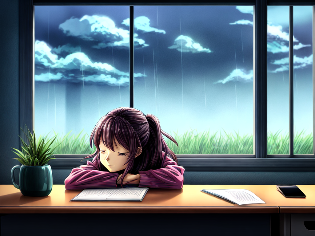 anime cartoon image of a woman at her desk resting her head on the ...