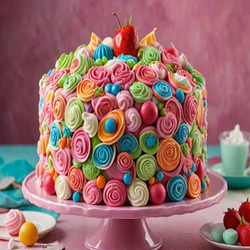 Create an image of a vibrant and colorful cake with multiple layers. The cake should be decorated with swirling patterns in bright shades of pink, green, and blue. Include various whimsical elements like meringues, candies, and fruit shapes on top, all arranged in an artistic way. The background should have soft, warm lighting to enhance the cake's colors.