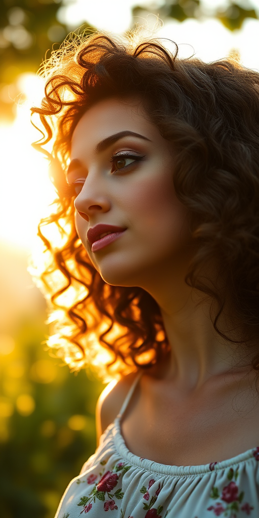 portrait of a woman with curly hair enjoying nature in soft sunlight with a warm, ethereal glow, f/1.8, ISO 100, 50mm lens, golden hour lighting, captured with a DSLR camera in a shallow depth of field, vibrant greens in the background
