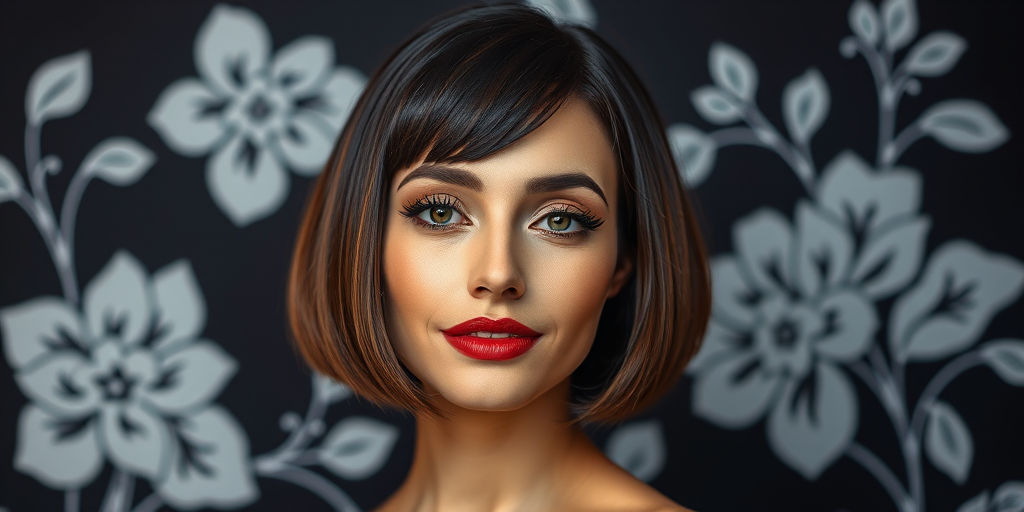 Create a digital portrait of an elegant woman with a sleek bob haircut, soft facial features, vivid eye makeup, and a subtle smile, set against a black background with white floral designs, using a Canon EOS R5, 85mm f/1.2 lens, ISO 100, aperture f/1.2, soft lighting for a dreamy effect.