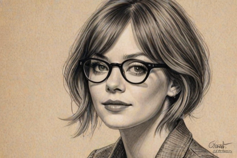 Ravishing Emma Stone, pencil sketch, portrait of Pleasing woman 1923s in glasses, hair style beatnik, outline, clear lines, fine lines, 8k