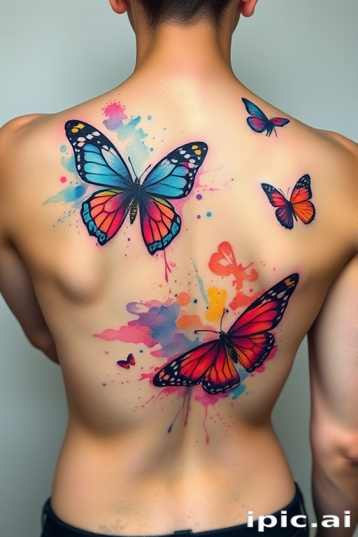 Stunning watercolor tattoo of vibrant butterflies in flight across the back, featuring soft pastel hues blending seamlessly with bold splashes of neon, creating a dreamy and ethereal effect