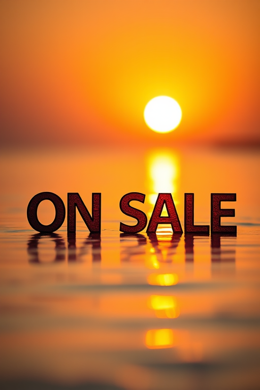 Create an image of the words "ON SALE" reflecting on calm water during sunrise with a soft glow, using a DSLR camera with a 50mm lens, aperture set to f/1.8, ISO 100, and a shutter speed of 1/200 seconds, shot at a low angle to capture the sun in the background and enhance the serene atmosphere.