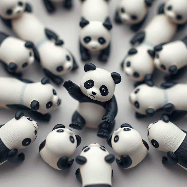 Create an image of multiple playful panda figures arranged in a circular pattern with one panda prominent in the center, using a DSLR camera with a 50mm lens, aperture f/2.8, ISO 200, and a soft focus background to enhance the main subject's detail and clarity.