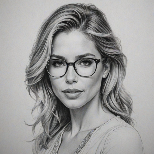 Superb Elsa Pataky, pencil sketch, portrait of Magnificent woman 1969s in glasses, hair style beatnik, outline, clear lines, fine lines, 8k