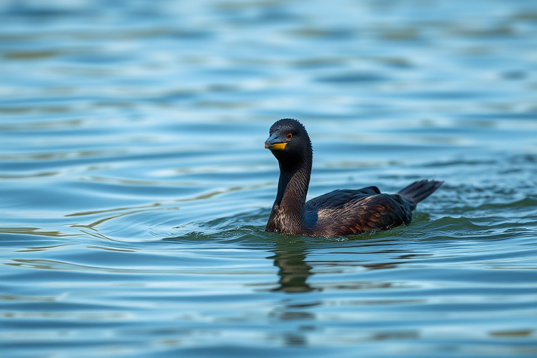 Capture a close-up of a cormorant swimming in calm water, natural light, aperture f/4, ISO 200, shutter speed 1/1000s, 85mm lens, taken from a low angle to emphasize the bird against the water surface.