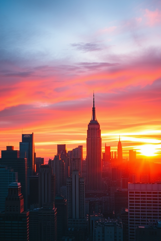 Create a high-resolution image of a city skyline at sunset, using a DSLR camera with a 24mm lens, f/11 aperture, ISO 100, and a shutter speed of 1/125 seconds, taken from a high vantage point for a wide-angle view, emphasizing vibrant colors and dramatic lighting.