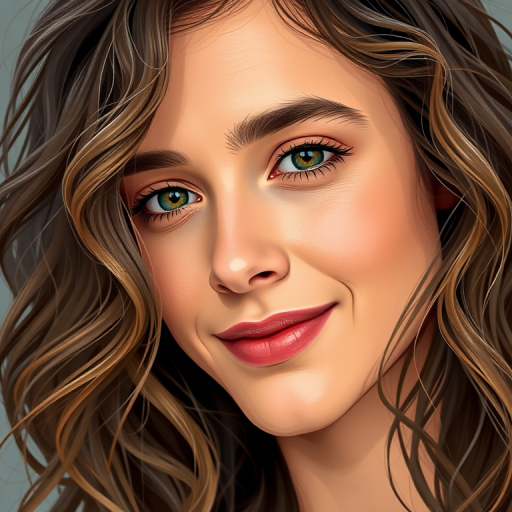 regenerate a detailed portrait illustration of a person with wavy hair and a slight smile; use a Canon EOS R5 camera, 85mm lens, aperture f/1.8, ISO 100, soft natural lighting, focus on facial features with a shallow depth of field, high-resolution output