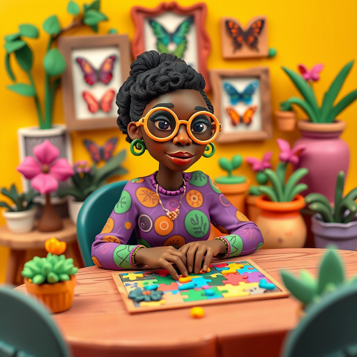 A vibrant and whimsical illustration of an african american woman sitting at a table working on a colorful jigsaw puzzle. she is wearing round glasses, and patterned clothing in shades of purple and green.  The background features an eclectic collection of framed butterflies, potted plants, and other natural elements, creating a warm and inviting atmosphere. The style is playful and modern, with rich textures, intricate details, and a lively color palette.