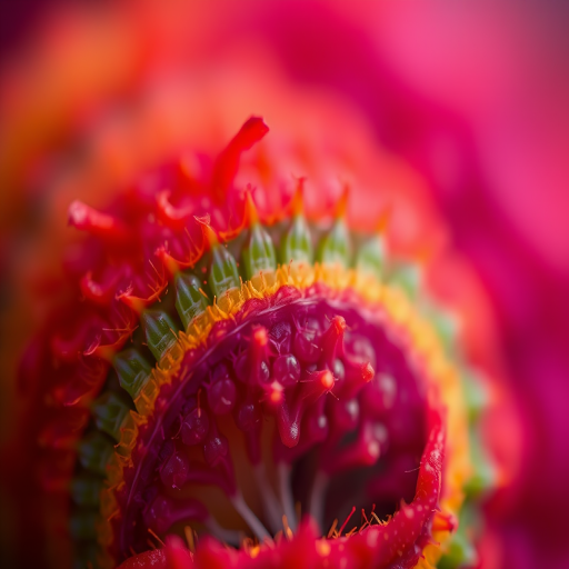 Create an abstract texture with vibrant red, orange, purple, and green hues, captured with a Canon EOS R5 at f/8, ISO 100, 1/125s, in a macro view with a soft focus background.