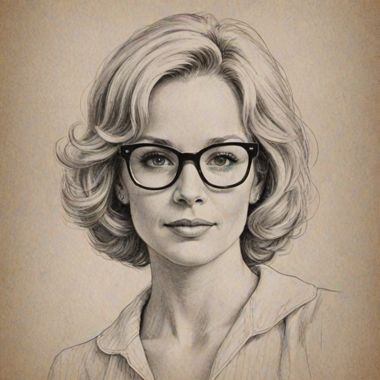 Resplendent Christine Ebersole, pencil sketch, portrait of Pleasing woman 1968s in glasses, hair style beatnik, outline, clear lines, fine lines, 8k