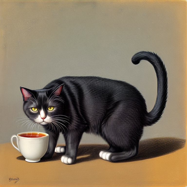 a cat drinking tea