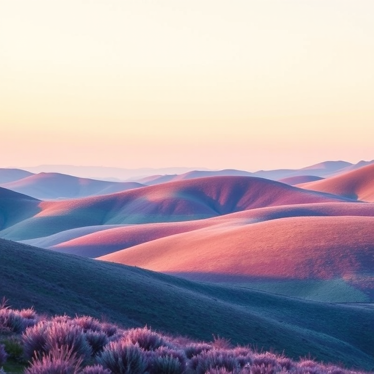Regenerate a serene watercolor landscape featuring rolling hills with a blend of purple and blue tones under a soft sky, capture the scene with a Canon EOS R5, 50mm f/1.8 lens, aperture f/8, ISO 100, shoot from a low angle for a more immersive view, and apply a natural light style to enhance colors and details.