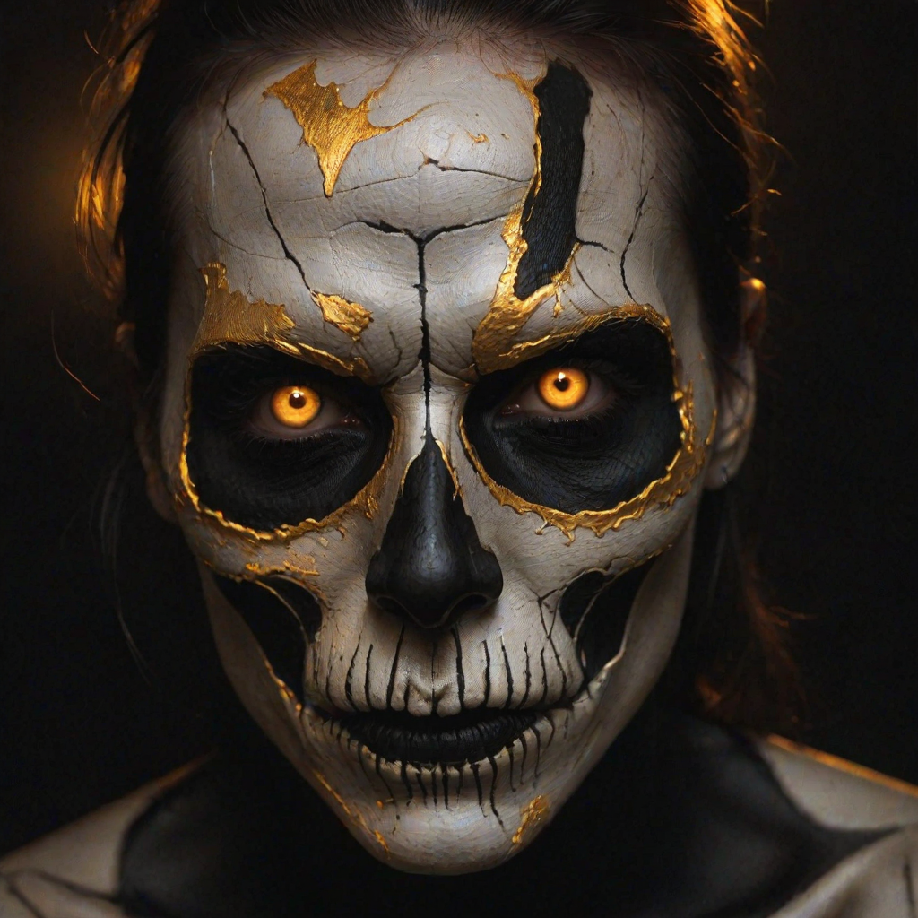 Create image featuring a close-up of a face painted like a skull. The skin is predominantly white with textured, cracked paint. The eye sockets are painted black, blending into the natural shadows of the eyes, creating a deep, hollow look. Bright, intense golden-yellow lights radiate from the eyes, casting a warm glow that contrasts with the cold, esoteric background. The nose is painted black in the shape of a spade. The mouth area features black lines extending from the corners, resembling a stitched effect. The face has sporadic black hair strands that frame it dramatically, adding to the eerie yet captivating feel. The background is blurred and dark, enhancing the focus on the face. Small, glowing orange embers are scattered sporadically across the image, contributing to the mysterious and magical atmosphere. The overall style is hyper-realistic with an emphasis on the contrast between light and dark elements, giving it an almost supernatural