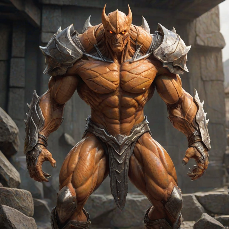 orange skin resembling stone or armor plates. Its head is triangular and elongated, rippling muscles with deep, humanoid figure, suggesting a blend of stone and steel textures. The scales have sharp, clawed feet and has a muscular, its body crouched low and ready to charge or attack. It has a muscular, displaying a powerful, This is a highly detailed digital CGI rendering of an enormous