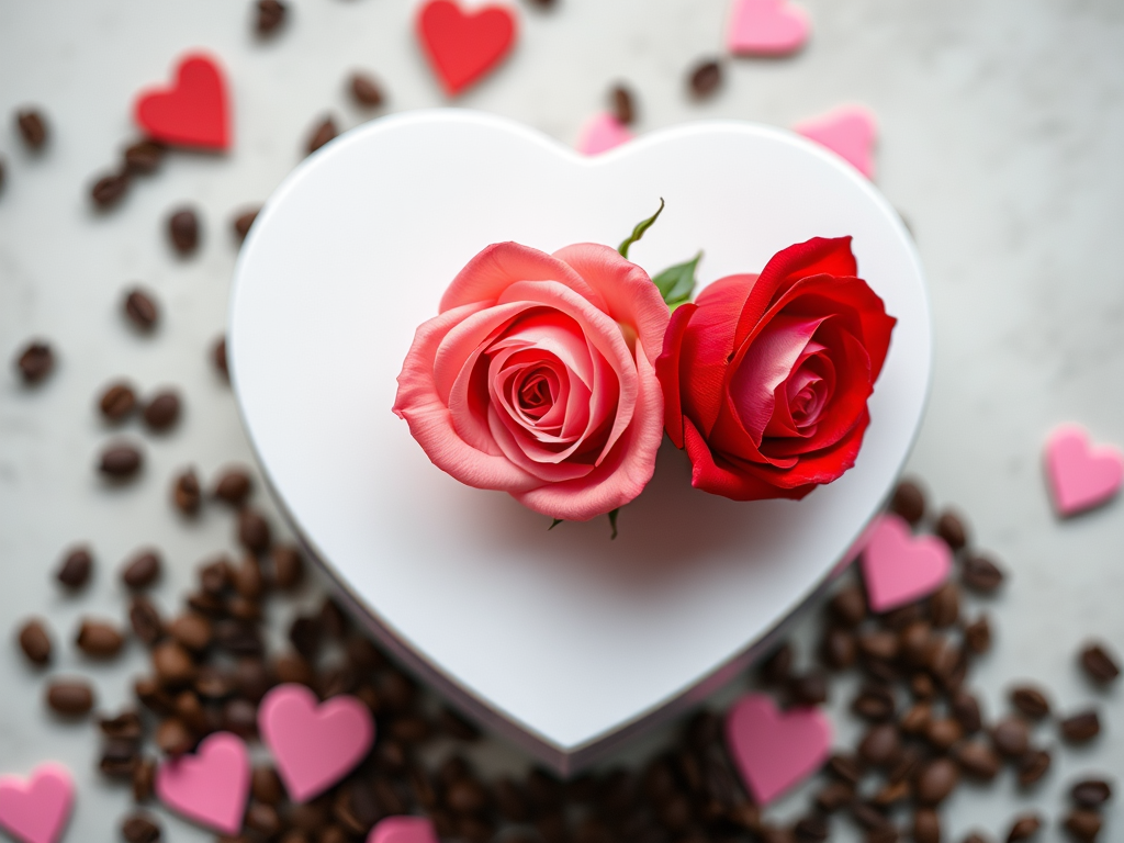 photograph of two red roses and a pink rose on a white heart-shaped box with scattered pink hearts and coffee beans, taken with a DSLR camera, 50mm lens, f/2.8 aperture, ISO 100, natural soft lighting, top-down view, shallow depth of field