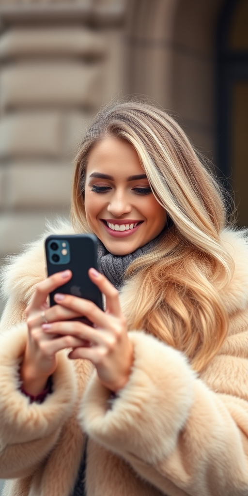 Capture a stylish woman with long blonde hair in a fluffy beige fur coat, smiling while taking a selfie with her smartphone, soft focus background, natural light, aperture f/2.8, shutter speed 1/300s, ISO 200, 50mm lens, portrait orientation.