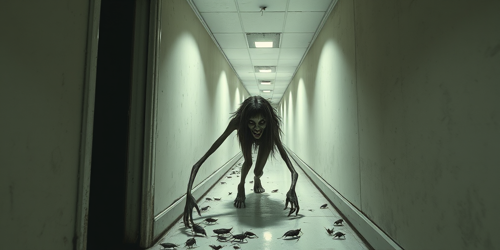 a crooked female with long arms and a creepy smile is crawling along a long white corridor and you can also see cockroaches in it there is a creepy atmosphere creepy art style