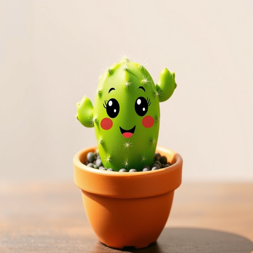 A cute cartoon cactus in a terracotta pot, bright green with a smiling face, simple background, captured with a full-frame camera at f/4 aperture, ISO 100, 50mm lens, natural lighting, shallow depth of field, vibrant colors.