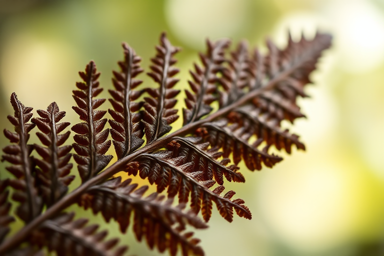 close-up of a dried fern leaf with intricate details, soft focus background, natural light, ISO 100, f/2.8, 50mm lens, macro photography