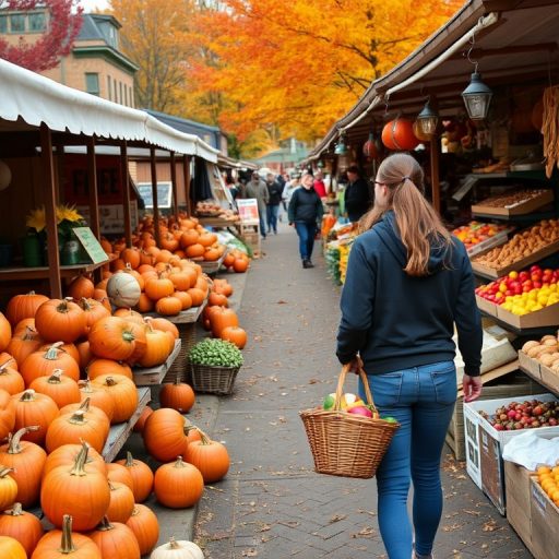 Small-town farmer's market in autumn, stalls overflowing with pumpkins, apples, and baked goods, a woman with a basket of fresh produce walks through the aisles.