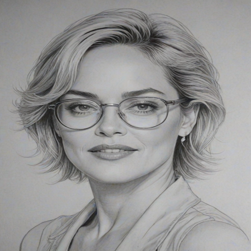 Elegant Sharon Stone, pencil sketch, portrait of Charming woman 1978s in glasses, hair style beatnik, outline, clear lines, fine lines, 8k