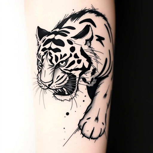 Sketch-style tattoo resembling a charcoal drawing of a fierce tiger, rough and expressive linework, smudged shading techniques, dynamic pose capturing movement and power