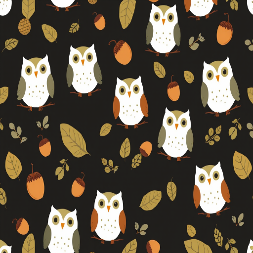 Create a whimsical pattern featuring various cute owls, acorns, and leaves on a solid black background, using a DSLR camera with a 50mm lens at f/2.8 aperture, ISO 100, and a soft focus effect to enhance simplicity and charm in the design.