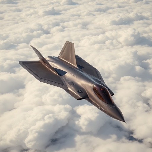 a high-resolution photograph of a military jet, specifically a F-22 Raptor, soaring through the sky. The aircraft is depicted in a sleek, metallic gray and beige color scheme, with visible markings and insignia on its fuselage. The jet's wings and tail are angled slightly, giving a sense of dynamic movement. The cockpit canopy is transparent, allowing a glimpse of the pilot's seat and instruments inside. The background is a vast expanse of fluffy white clouds, stretching across the sky with a subtle gradient of light and dark shades, indicating a clear, sunny day. The clouds are thick and textured, with visible wisps and tendrils that add depth to the image. The overall scene conveys a sense of speed and agility, with the jet slicing through the clouds with precision and power. The photograph's clarity and detail highlight the aircraft's sleek design and advanced technology, emphasizing its capabilities and readiness for action. The image is taken from a low angle, looking up at the jet, which adds to the sense of awe and admiration for the aircraft's performance.