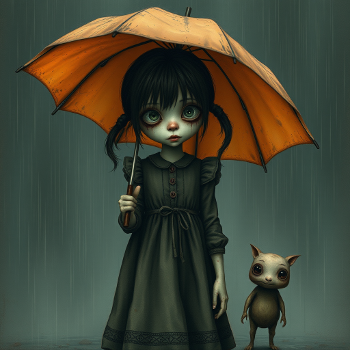 An eerie, weird little girl with dark hair in thin pigtails, wearing a smock dress, standing in the rain, holding a dirty orange umbrella, a small, odd creature beside her. In a surreal style inspired by Nicoletta Ceccoli and Brian Froud. Dark fantasy themes