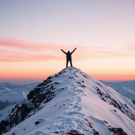 Sharp, high-resolution image of a snowy mountain peak at dawn, soft pink and orange hues painting the sky, a lone hiker standing at the summit, arms raised in triumph, snow-covered slopes stretching into the distance, a sense of awe and accomplishment captured.