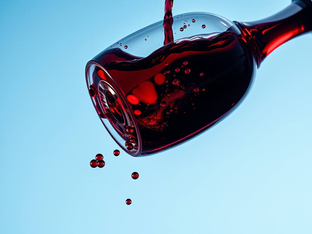 A red wine glass spilling liquid with droplets in mid-air against a bright blue sky background, captured with a Canon EOS 5D Mark IV, 50mm lens, f/1.8 aperture, ISO 100, fast shutter speed for crisp motion, in a shallow depth of field for a soft background blur.
