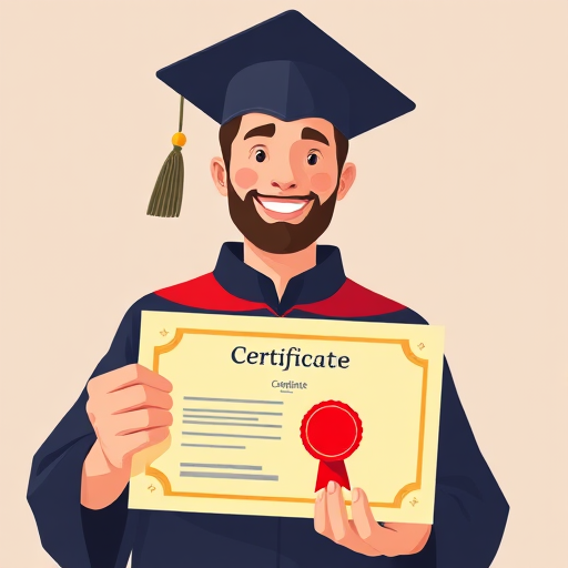 Create an illustration of a man in a graduation cap holding a certificate with a red seal, in a modern flat design style, using a digital art approach, wide-angle lens at f/4.0, 50mm focal length, vibrant color palette, high resolution.